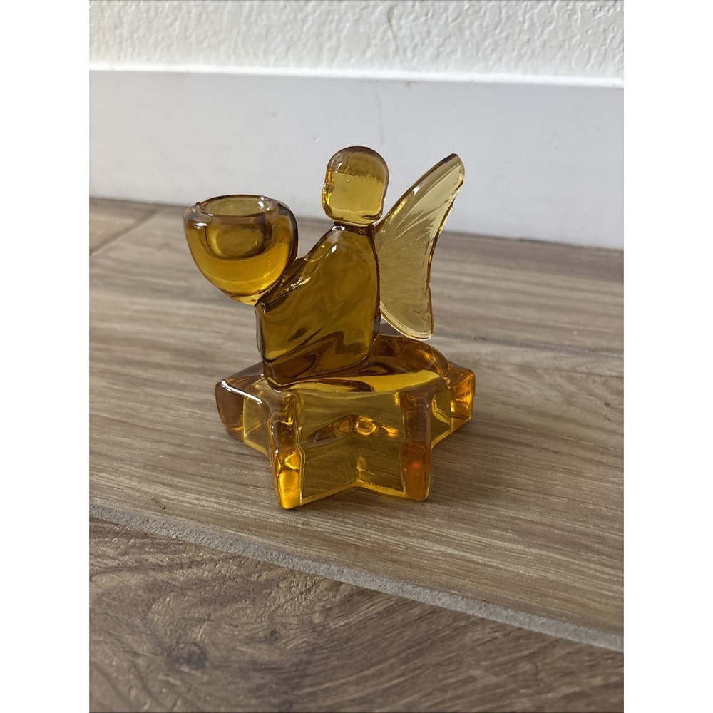 Vintage Amber Glass Angel On Star Candlestick Holder Handcrafted by Smith